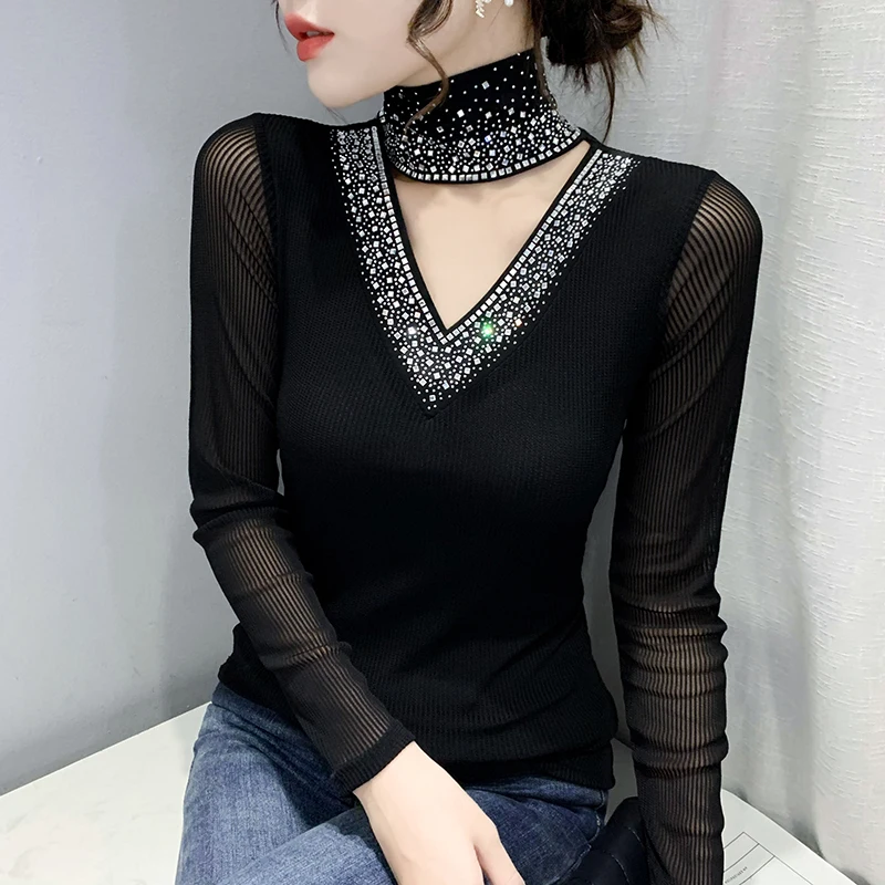 

Women's Turtleneck Long Sleeve Top, Hot Drilling Mesh T-Shirt, Black Blouses, Casual Fashion, New, Spring, 2024