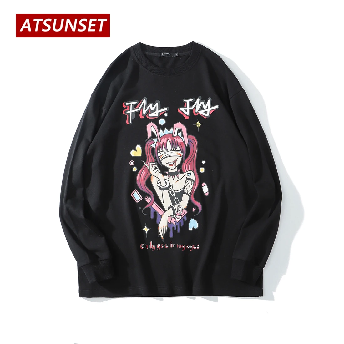 

ATSUNSET Crime Girl Print Sweatshirt Autumn Cotton Pullover Hip Hop Street Retro Style Round Neck Pocket Hoodie Tops