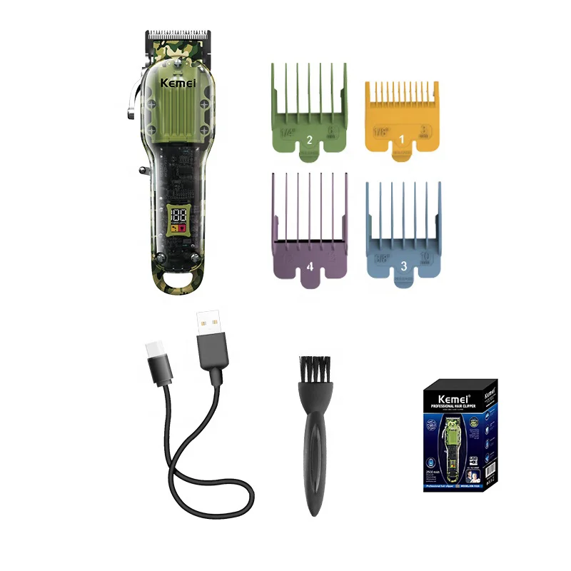 Kemei Green Color Transparent Style Professional Hair Cutting Machine Rechargeable Clipper Cordless Hair Trimmer with Fade Blade