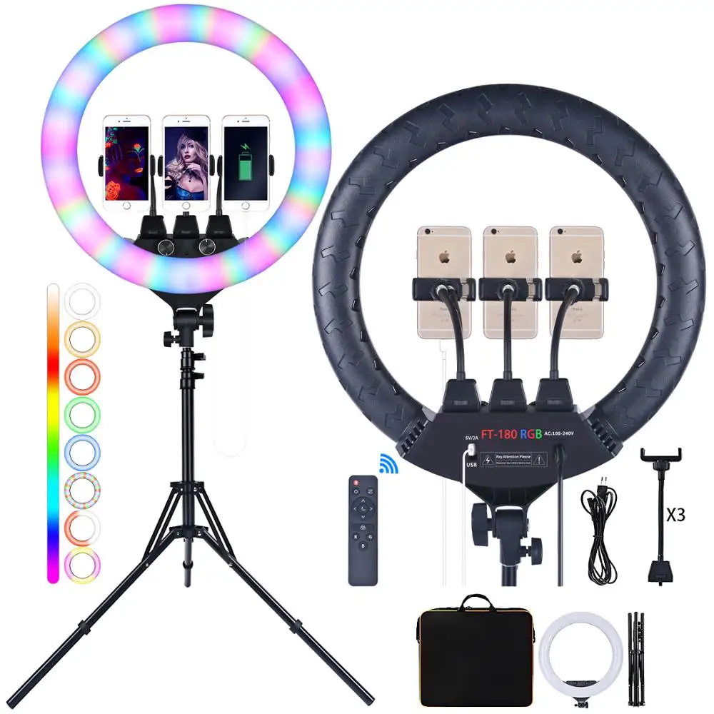 

FOSOTO 18 Inch RGB Led Ring Light 2700-6500K Photography Lighting RingLight Makeup Video Ring Lamp With Tripod And Remote USB