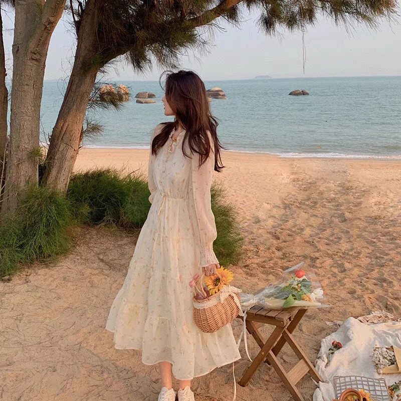 V-neck Elegant Sweet Dress Women Long Sleeve Chiffon Floral Dress Party Beach Dress for Females Korean Style 2021 Summer Chic