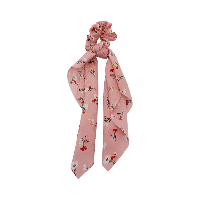 Chiffon Silk floral Bow Hair Scarf Scrunchies Women Hair Tie Rope Rubber Bands Ponytail Holder Hair Scarf  Hair Bandanas