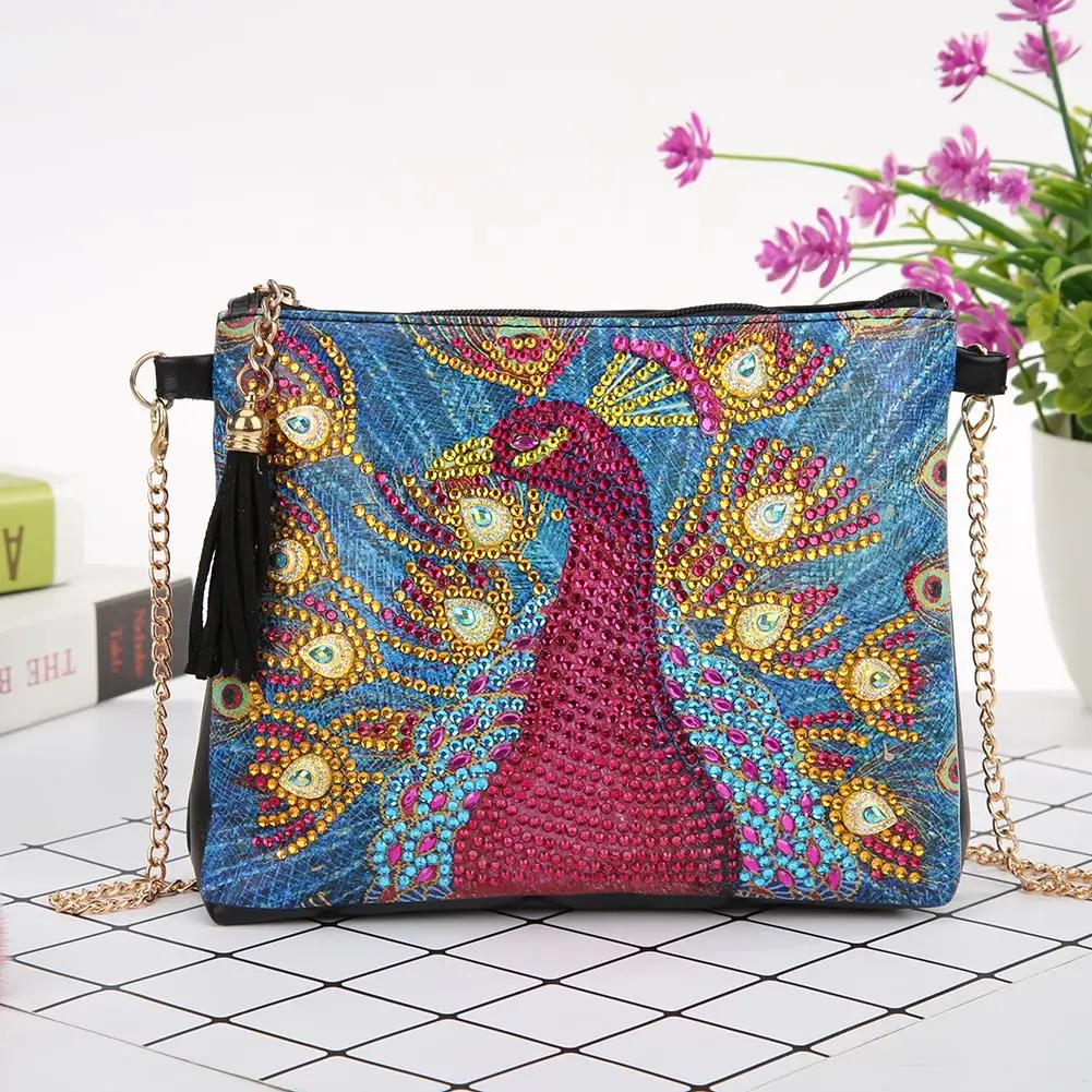 5D Diamond Painting peacock Butterfly Leather Crossbody Chain Bags DIY Diamond Embroidery Bag Purse Pouch