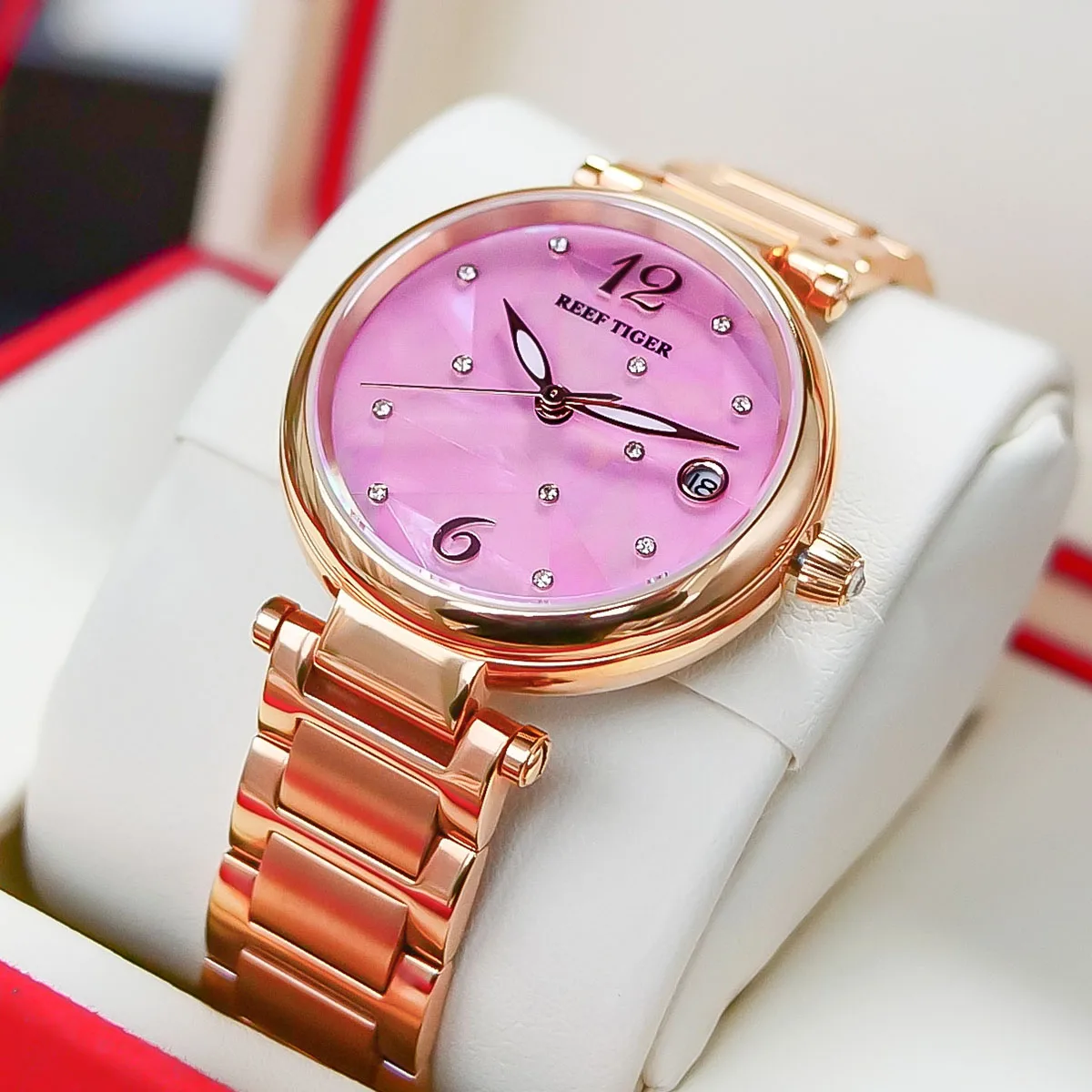 Reef Tiger/ RT-reloj mecánico de acero inoxidable para mujer, pulsera de lujo con diamantes a la moda, esfera rosa y oro, RGA1584