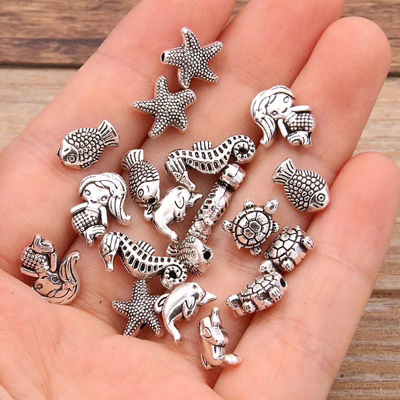 30Pcs 6Style Mermaid Turtle Dolphin Small Hole Bead Spacer Marine Life Charms For DIY Necklace Bracelets Jewelry Handmade Making