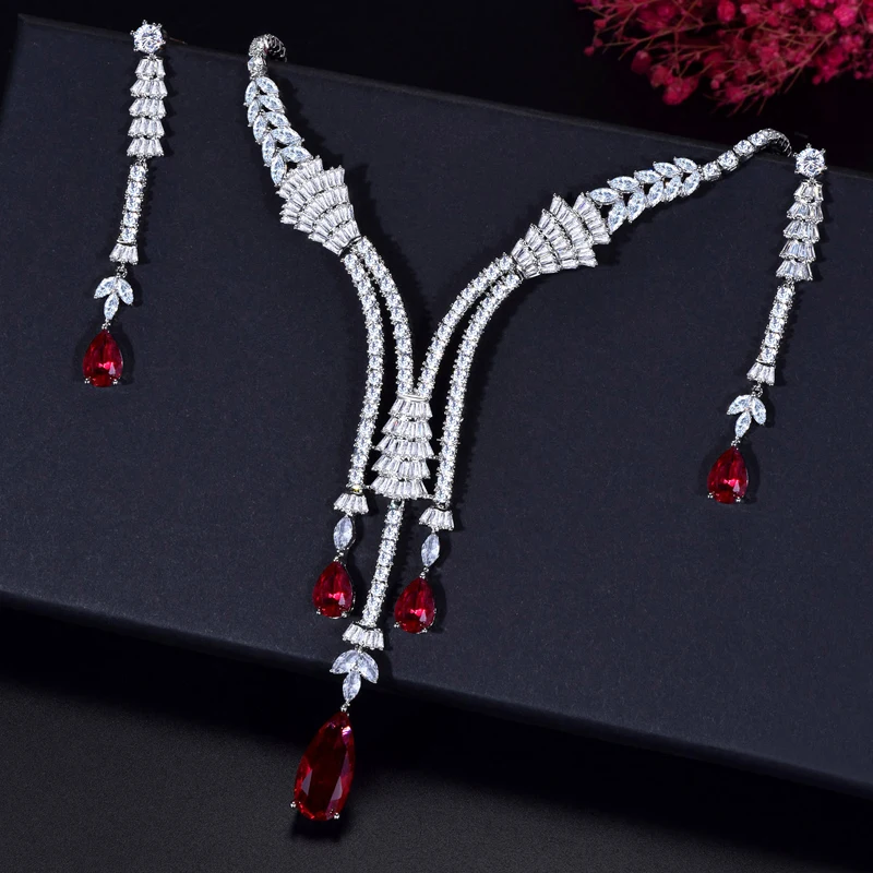 ANGELCZ Sparkling Red Cubic Zirconia Dangle Drop Long Tassel Wedding Earrings Necklace Dubai Jewelry Sets For Women Bridal AJ210