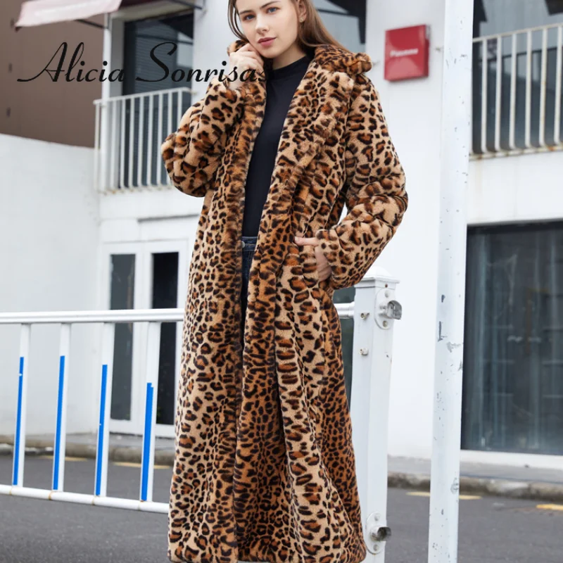 

2022 Winter Women's Faux Fur Leopard Print Rabbit Tailored Collar Warm Thick X-Long Coat Long Sleeve Hipster Jacket Feminino