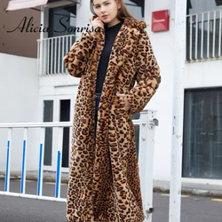 2022 Winter Women's Faux Fur Leopard Print Rabbit Tailored Collar Warm Thick X-Long Coat Long Sleeve Hipster Jacket Feminino