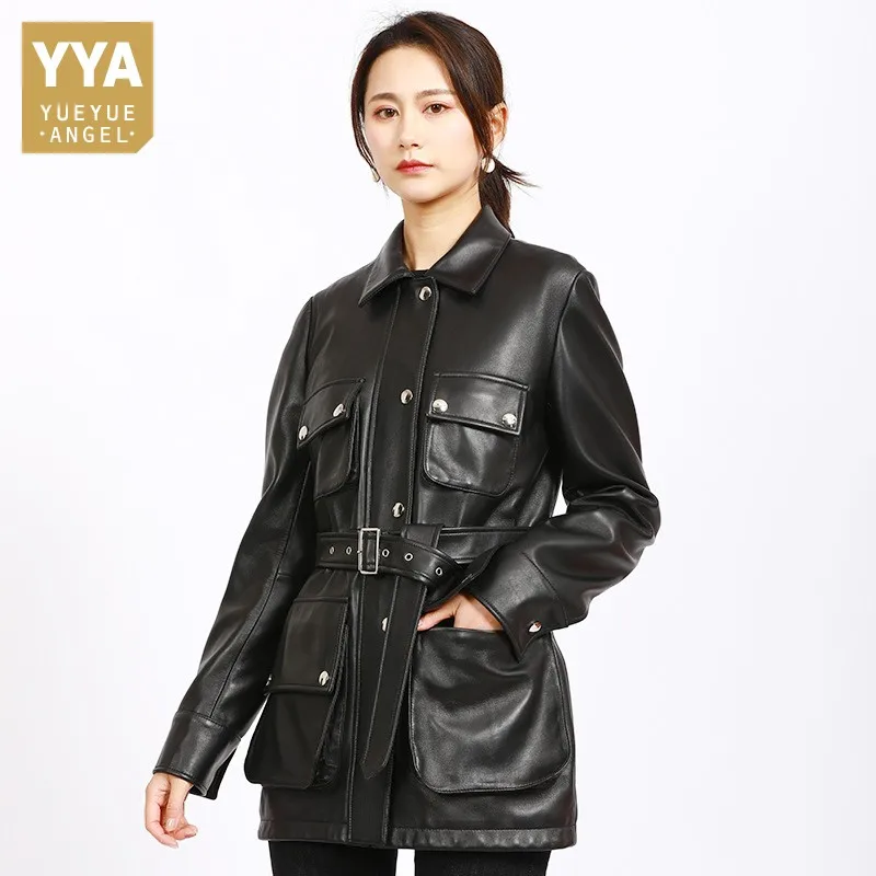 Women Bikers Genuine Leather Jacket Multi Pockets Belted Autumn Windbreaker Coat Ladies Slim Fit Punk Natural Sheepskin Jackets