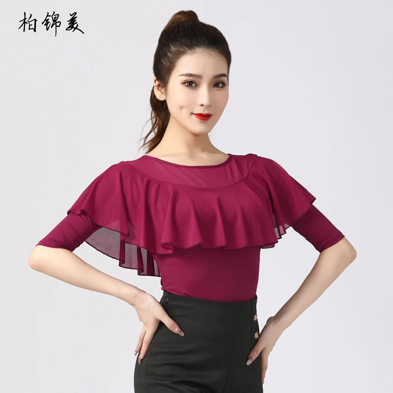 Modern dance top women\'s national standard dance ruffled sleeves Latin dance costume tops competition performance practice cloth