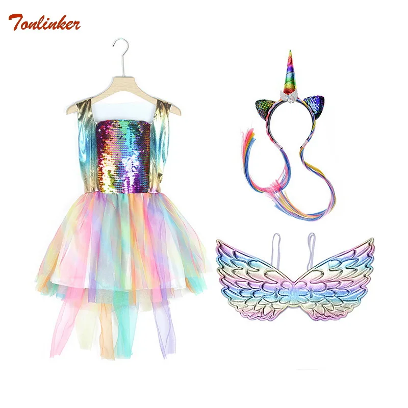 

Halloween Kids Unicorn Costume Girls 3PC Rainbow Pony Sequins Tutu Dresses Headband Wings Sets Party Princess Cosplay Clothing