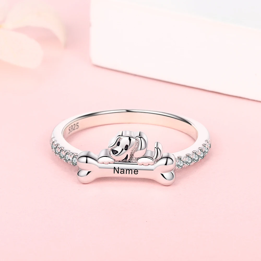 Personalized 925 Sterling Silver Custom Name Dog Bone Ring Engraved with Initial Date Coordinate Name Ring Ladies Men's Jewelry