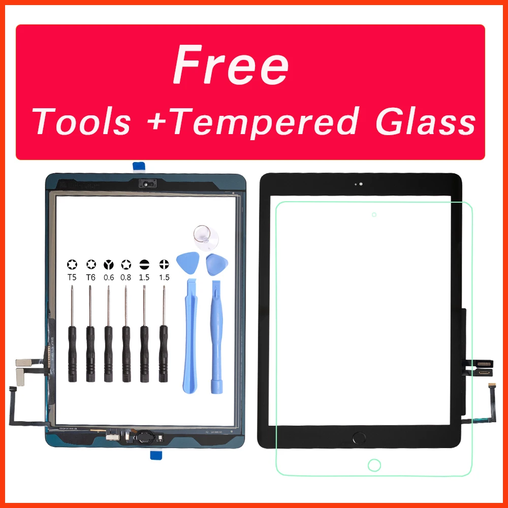 Tested Well Black And White For iPad 5 Air 1 Touch Screen A1474 A1475 A1476 With Home Button+ Tools +Tempered Glass