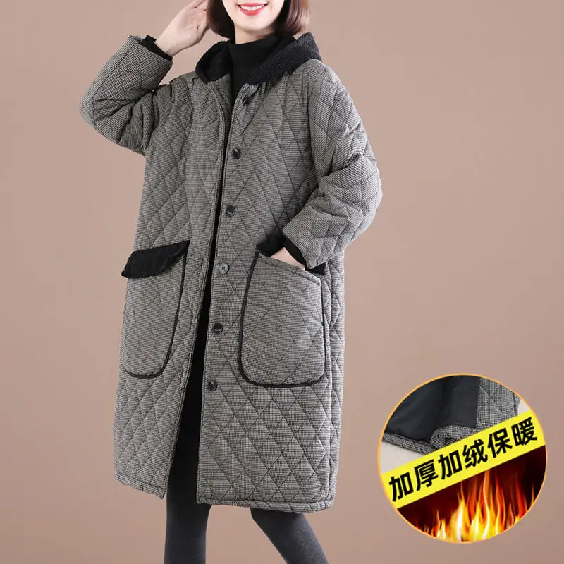 2024 Quilted Thick Warm Plaid Cotton Coat Women\'s Clothing Winter Jacket Casual Hooded Stitching Long Parkas Overcoats D688