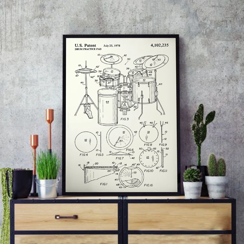 Music Instruments Patent Vintage Posters and Prints Drummer Gift Drum Blueprint Art Canvas Painting Music Studio Wall Decor