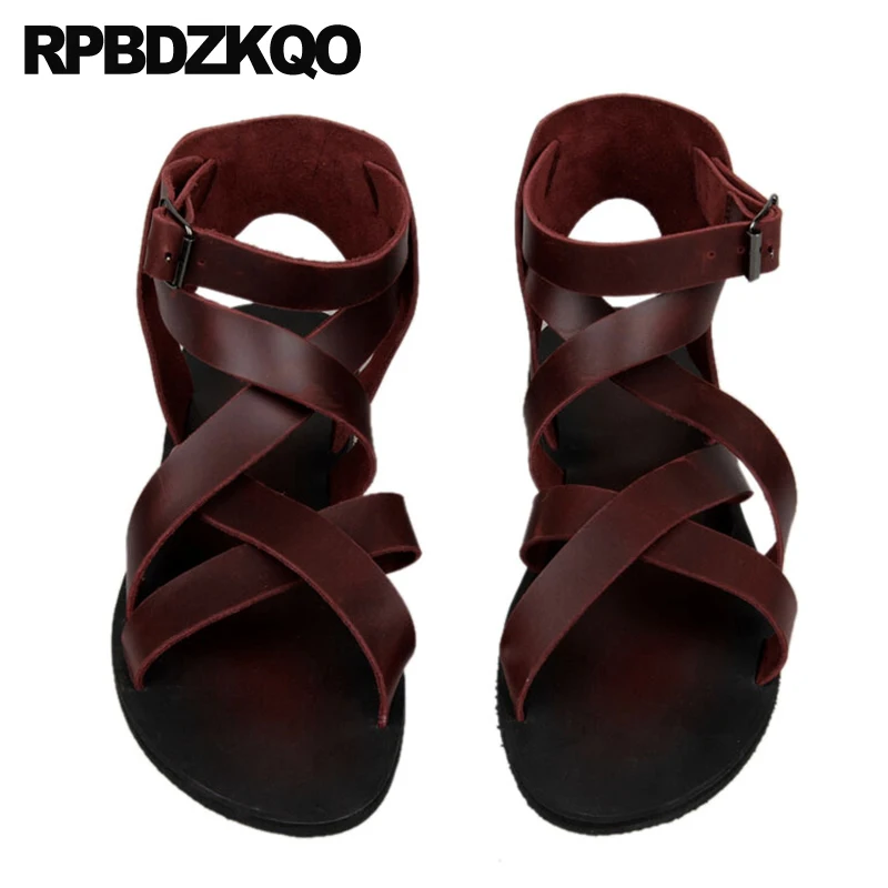 Real Genuine Leather Men Gladiator Sandals Summer Boots Burgundy Ankle Strap Beach Breathable Flat Roman 2023 Shoes Open Toe