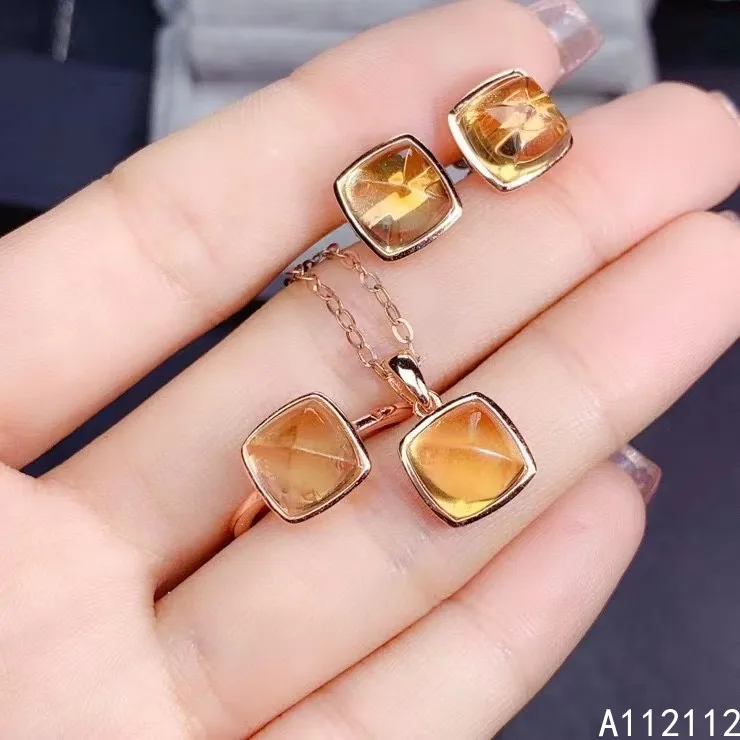 

Fine Jewelry 925 Pure Silver Inset With Gem Women's Luxury Fashion Square Citrine Pendant Adjustable Ring Earring Set Support De