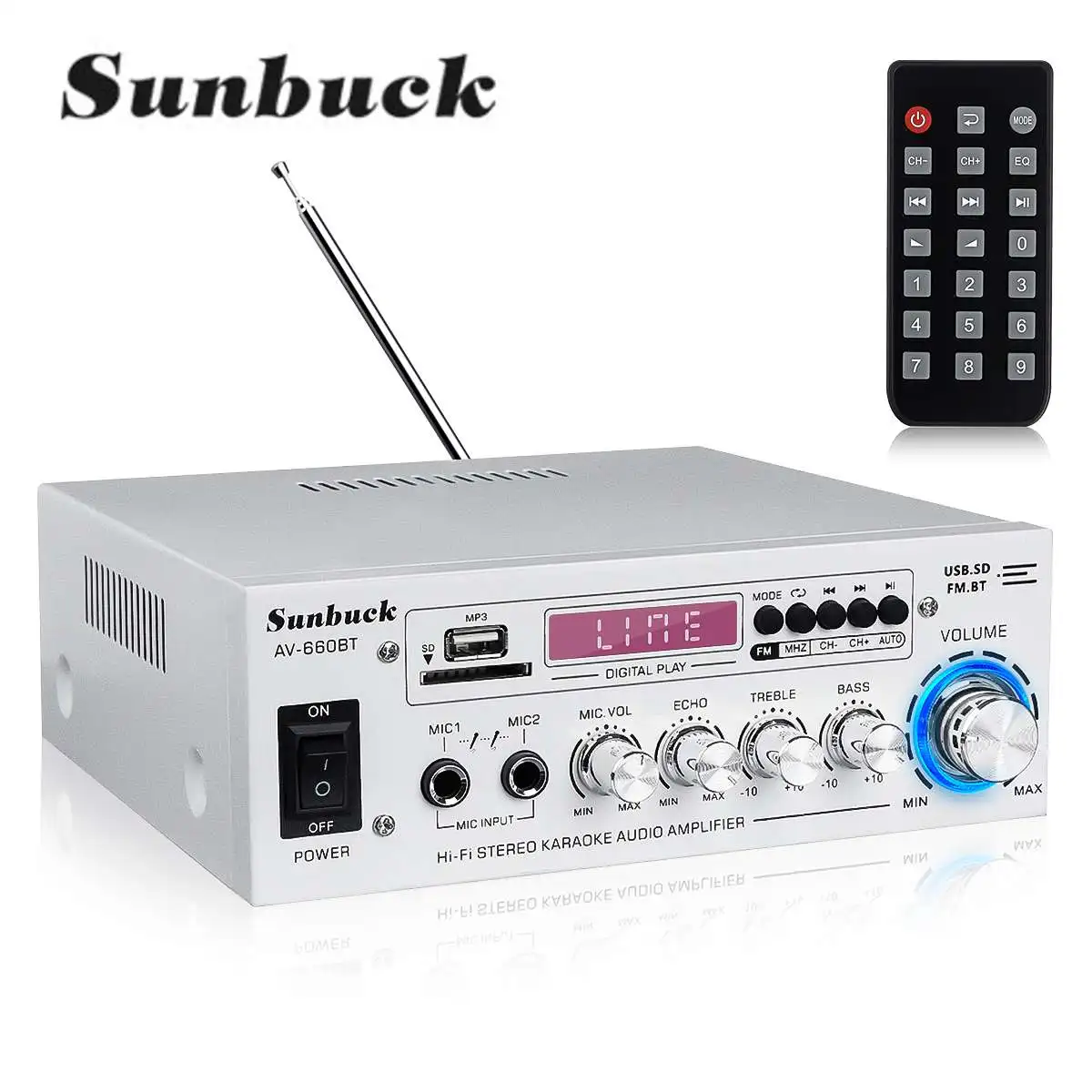 

SUNBUCK AV power amplifier 2.0 Channel Audio Home Theater Amplifiers DC 12V 110V/220V Support EQ FM SD USB 2 Mic 5.0 bluetooth