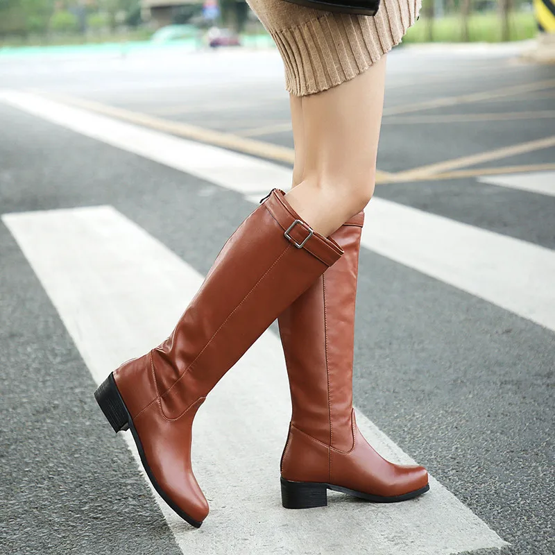 

YMECHIC 2024 New Chunky Heels Women Winter Boots Black Brown Buckle Design Riding Long Knight Knee High Boots Female Shoes 43 42