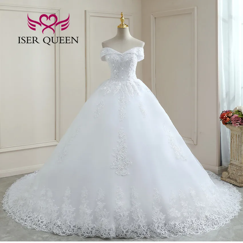 คริสตัลลูกปัดลูกไม้ที่กําหนดเองเจ้าหญิงงานแต่งงานชุดหมวกแขน Appliques Chapel Train ชุดแต่งงาน WX0261