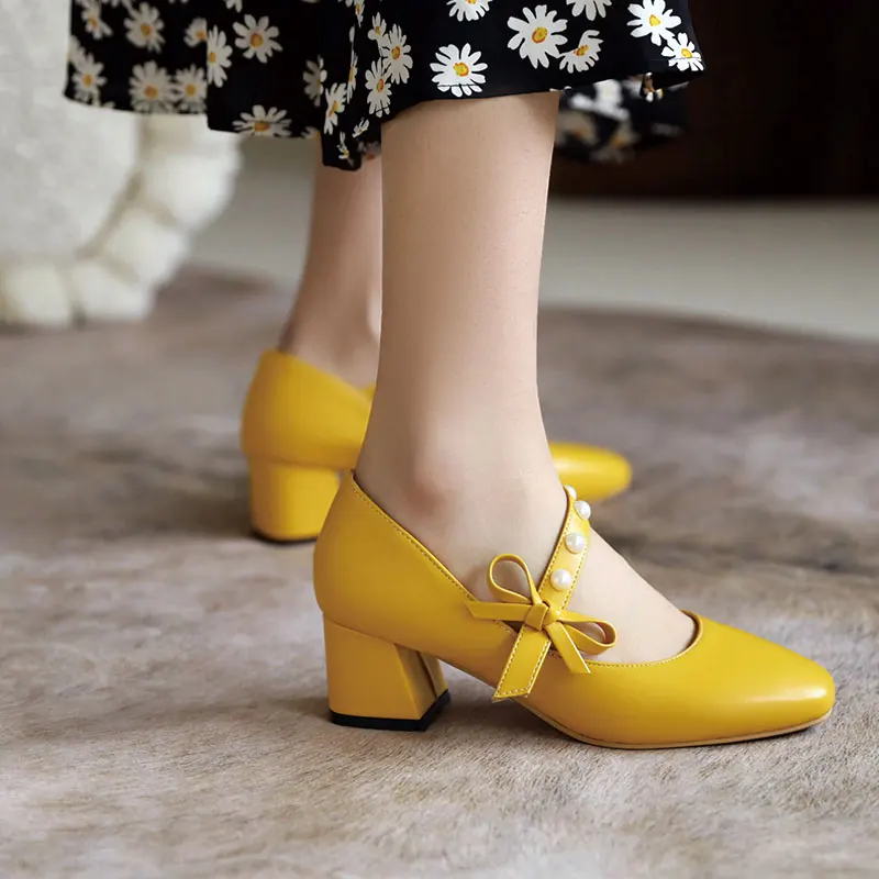 Sgesvier Pumps Women High Heels Bowtie Pumps Round Toe Thick Heel Dress Female Footwear Summer Black Yellow Large Size 48