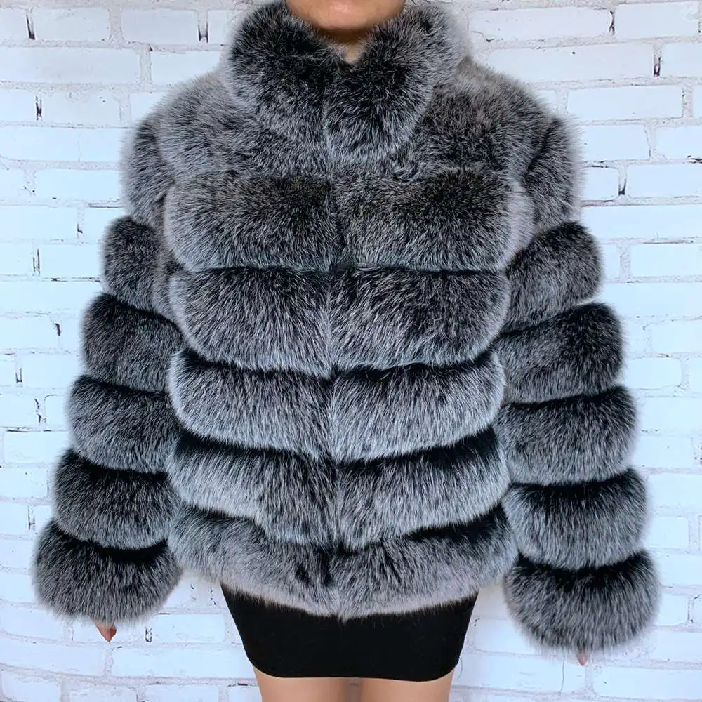 Abrigo de piel de zorro auténtica para mujer, chaqueta gruesa y cálida de alta calidad, con cuello levantado, color negro y escarcha, para invierno,