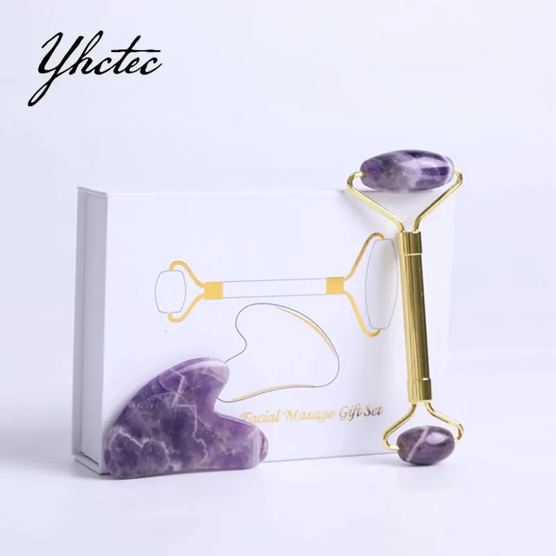 Amethyst Jade Face Massage Roller Gouache Scraper Set Natural Gouache Stone Facial Roller Massager Guasha Scraper Massage Tools