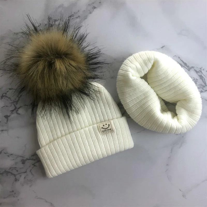 Winter Unisex Faux Fur Pompon Hat Scarf For Kids Boys Girls Knitted Baby Caps With Pompom Bonnet Children\'s Accessories