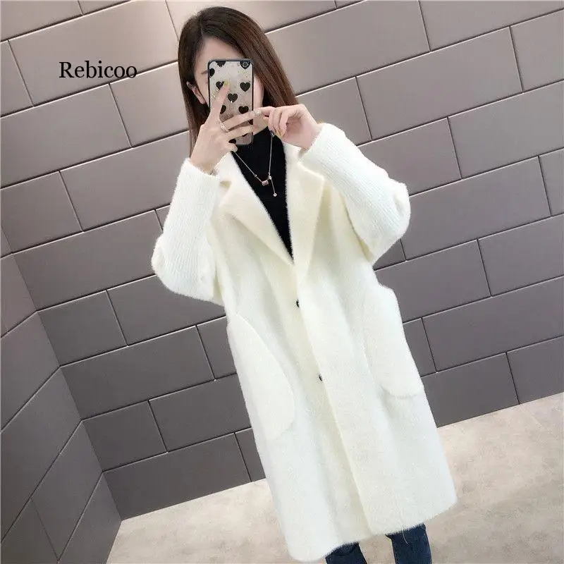 

Spring Autumn Women Faux Mink Cashmere Cardigan Female Elegant Solid Sweater Korean Lady Warm Long Knitted Sweaters