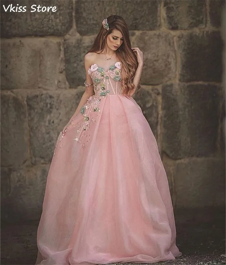 Light Pink Evening Dress 2020 New Flowers Beads One Shoulder Sweetheart Neck A-line Floor Length Prom Dress платья знаменитостей