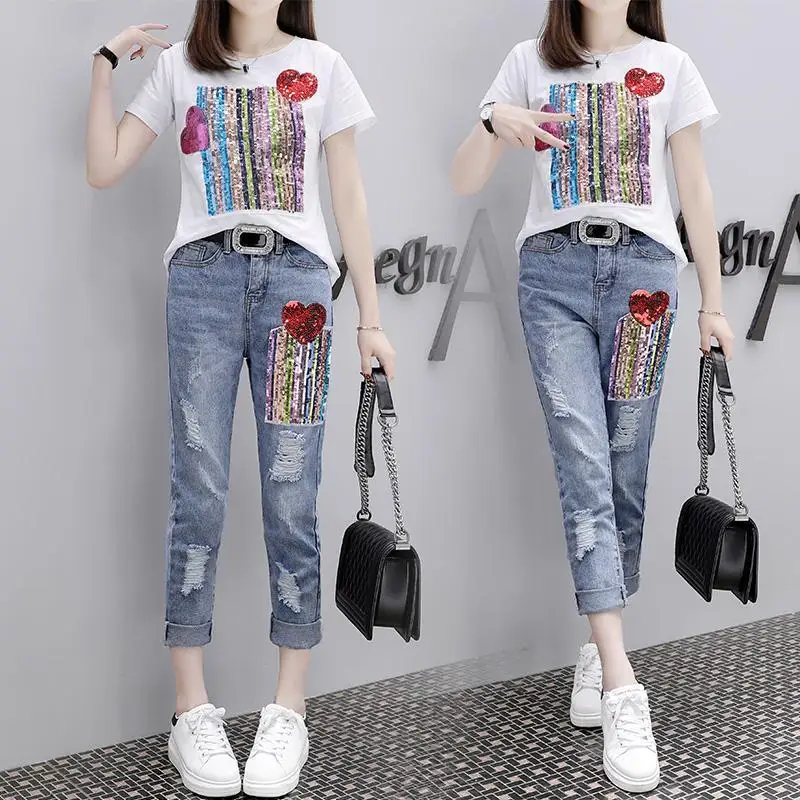 

Summer Women Sets Fashion Short Sleeve T Shirt And Hole Jeans Two-piece Set Large Size Female Girl Casual Denim Pants Suits Y81