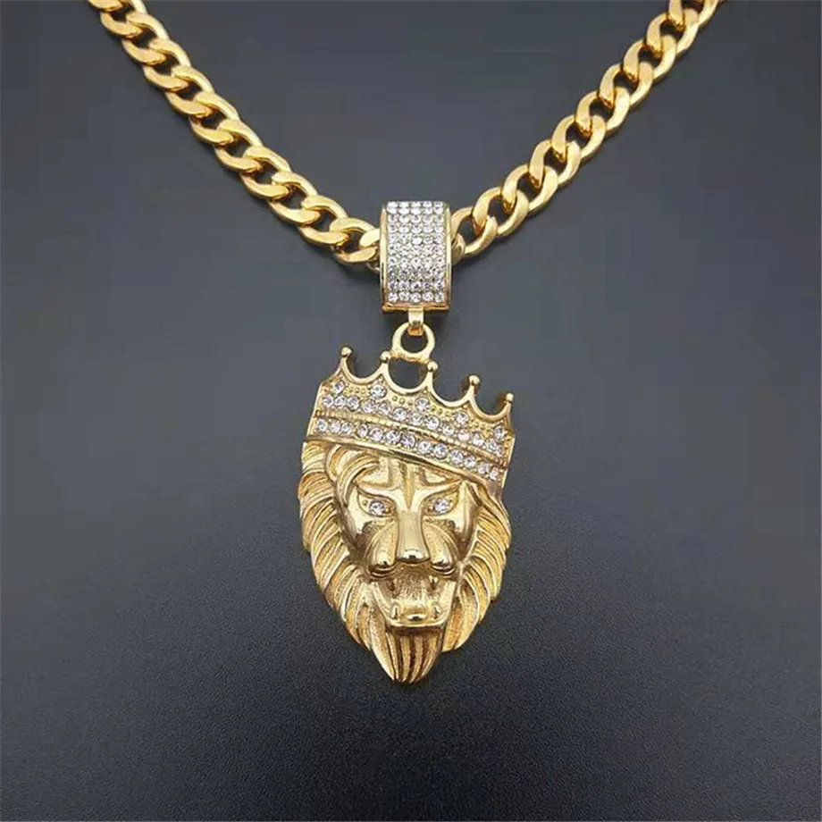 Hip Hop Full Iced Out Bling Lion Rhinestone Stainless Steel Cuban Chain Gold Color Pendants & Necklaces For Men Jewelry Dropship