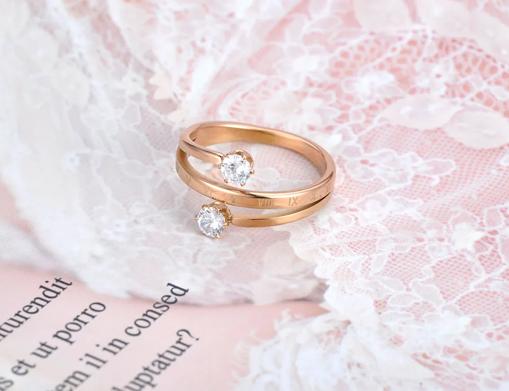 JeeMango Trendy Stainless Steel Roman Numerals Rings For Women Rose Gold Color Double Cubic Zirconia Engagement Jewelry JR19118