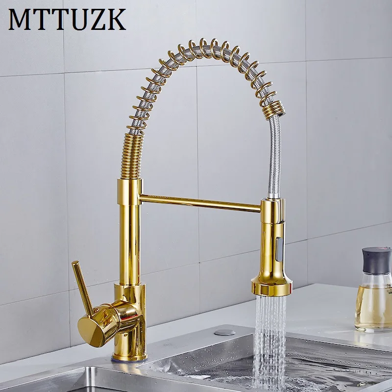 

Golden Brass spring Kitchen Faucet Hot Cold Mixer Taps Pull out Side Sprayer Dual Spout Faucet 360 Rotation Kitchen Faucet