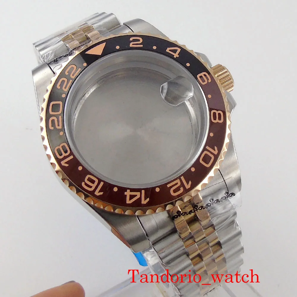 40mm Bliger Two Tone Rose Gold Men's Sapphire Glass Watch Case Fit NH34A NH35 NH36A Movement Rotating Bezel Date 24 Hours Bezel