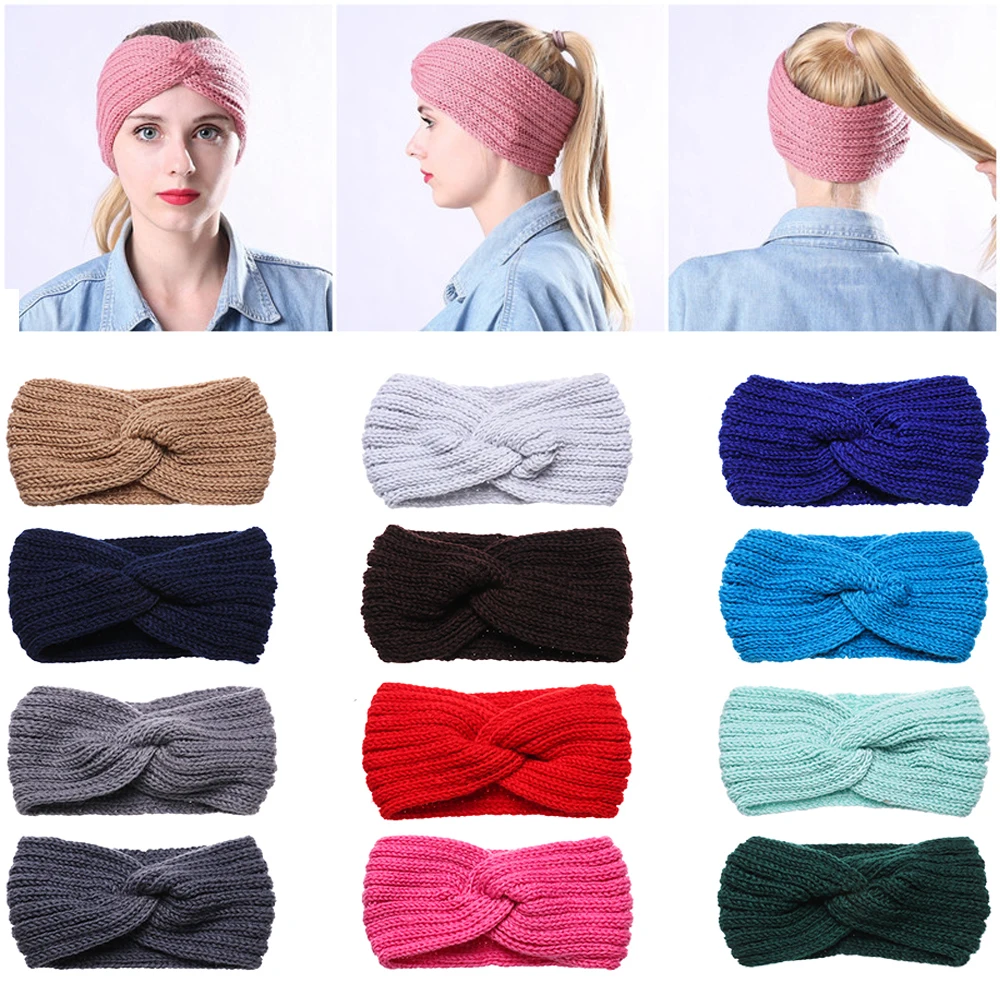 Women Weaving Cross Headband Knitting Warm Headwear Leopard Bowknot Turban Wide Fashion Winter Cycling Crochet Turban Colorful