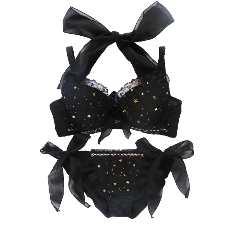 Sexy Giapponese Dolce Bella Cielo Stellato Lolita Push-Up Con Ferretto Reggiseno e Mutandine E Boxer Lingerie Set Giovane Ragazza Bandge Arco Della Biancheria Intima set