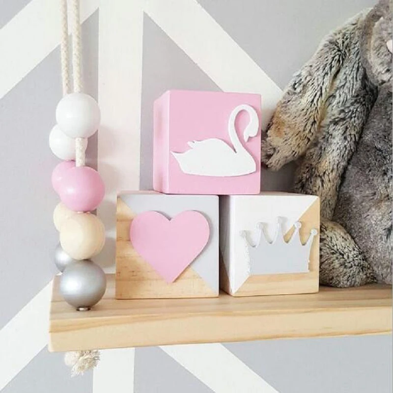 Nordic Nursery Decoration Wooden Cubes 6cm Ornaments Wood Blocks Craft For Kids Children Room Decoration 3PCS One Set