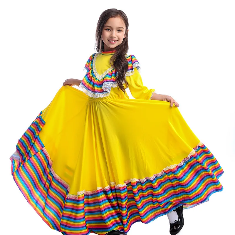 Menina mexicana tradicional vestido longo roupas de dança dia das crianças criança meninas palco desempenho roupas cosplay macacão