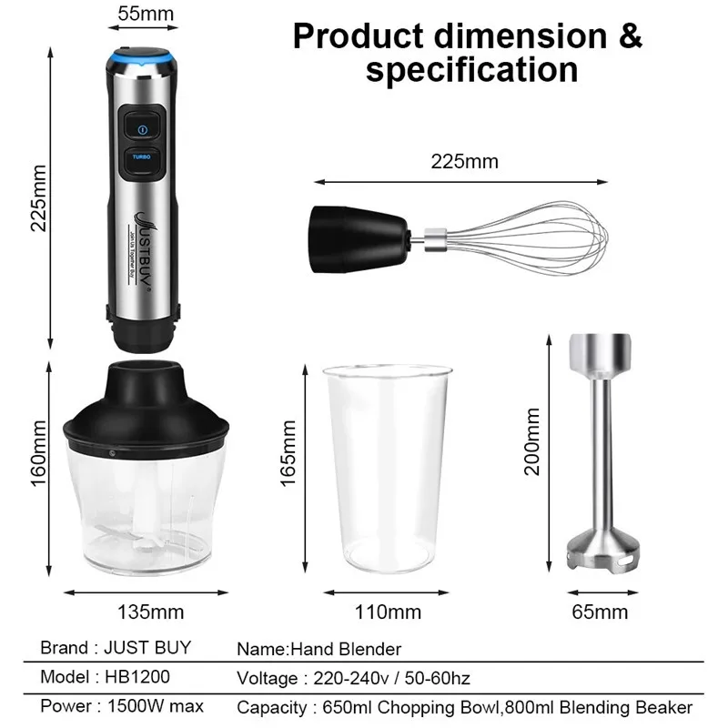 4-in-1 Hand Mixer Electric Stainless Steel Submersible Blender Kitchen High Power 1500W Whisk Mixer With Bowl Food Crusher