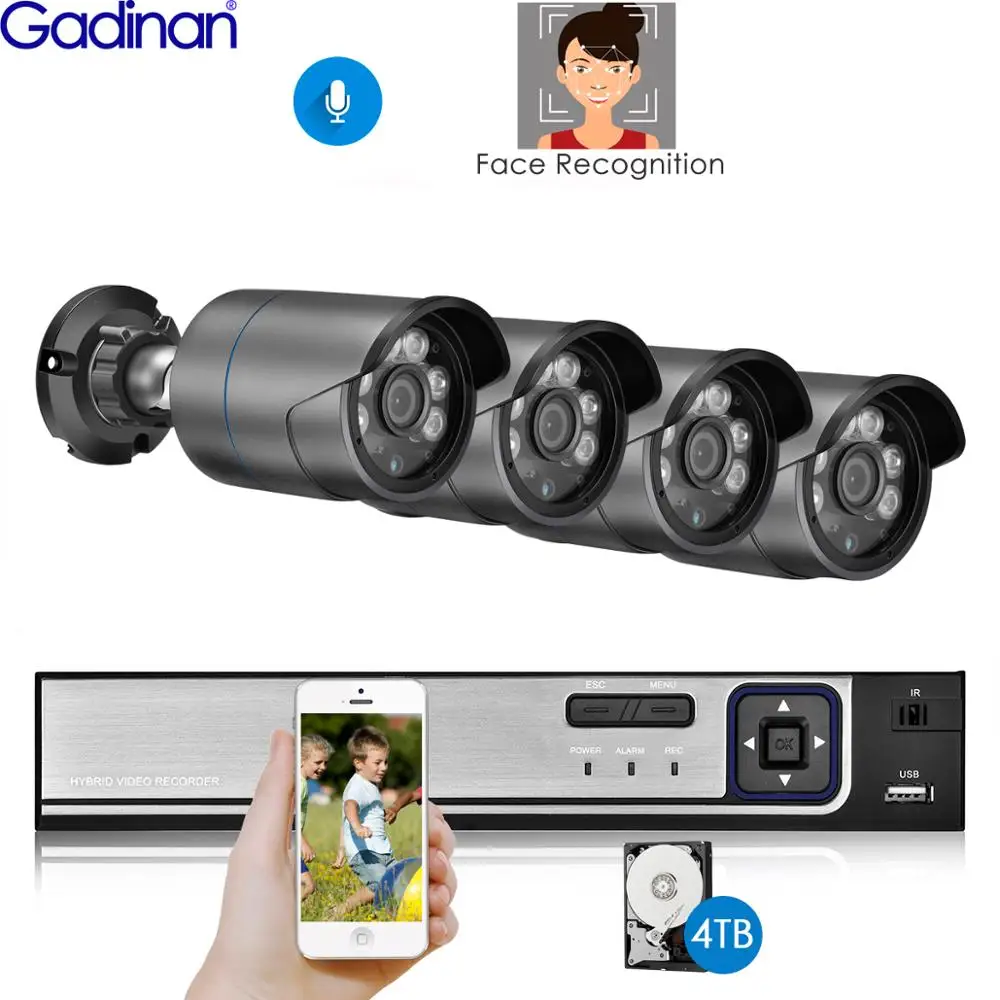 Gadinan 4CH 5MP POE Video Security System 5MP Outdoor Bullet Night Vision Audio IP Camera Face Playback Surveillance CCTV Kit