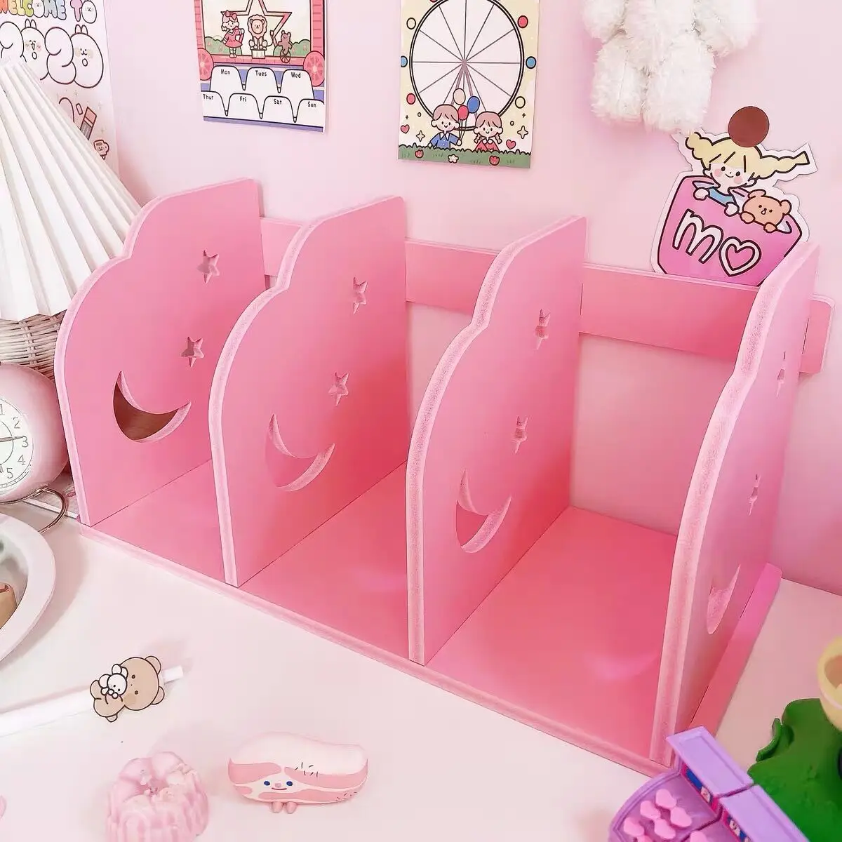 

High Capacity Creative Wooden Moon and Star Bookends, Book Support Stand, Desk Organizer, Pink Storage Holder Shelf, Girl Gift