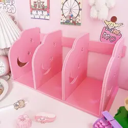 High Capacity Creative Wooden Moon and Star Bookends, Book Support Stand, Desk Organizer, Pink Storage Holder Shelf, Girl Gift