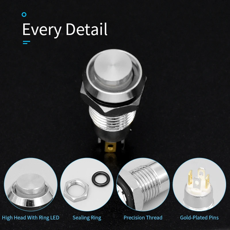 8mm Waterproof Metal Push Button Switch LED Light Self-locking/Latching Self-reset/Momentary 3V 6V 12V 24V 36V 48V 110V 220V