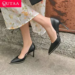 QUTAA 2021 wiosna lato Pointed Toe płytkie kobiety pompy prawdziwej skóry mody cienki wysoki obcas Hollow buty damskie rozmiar 34-39