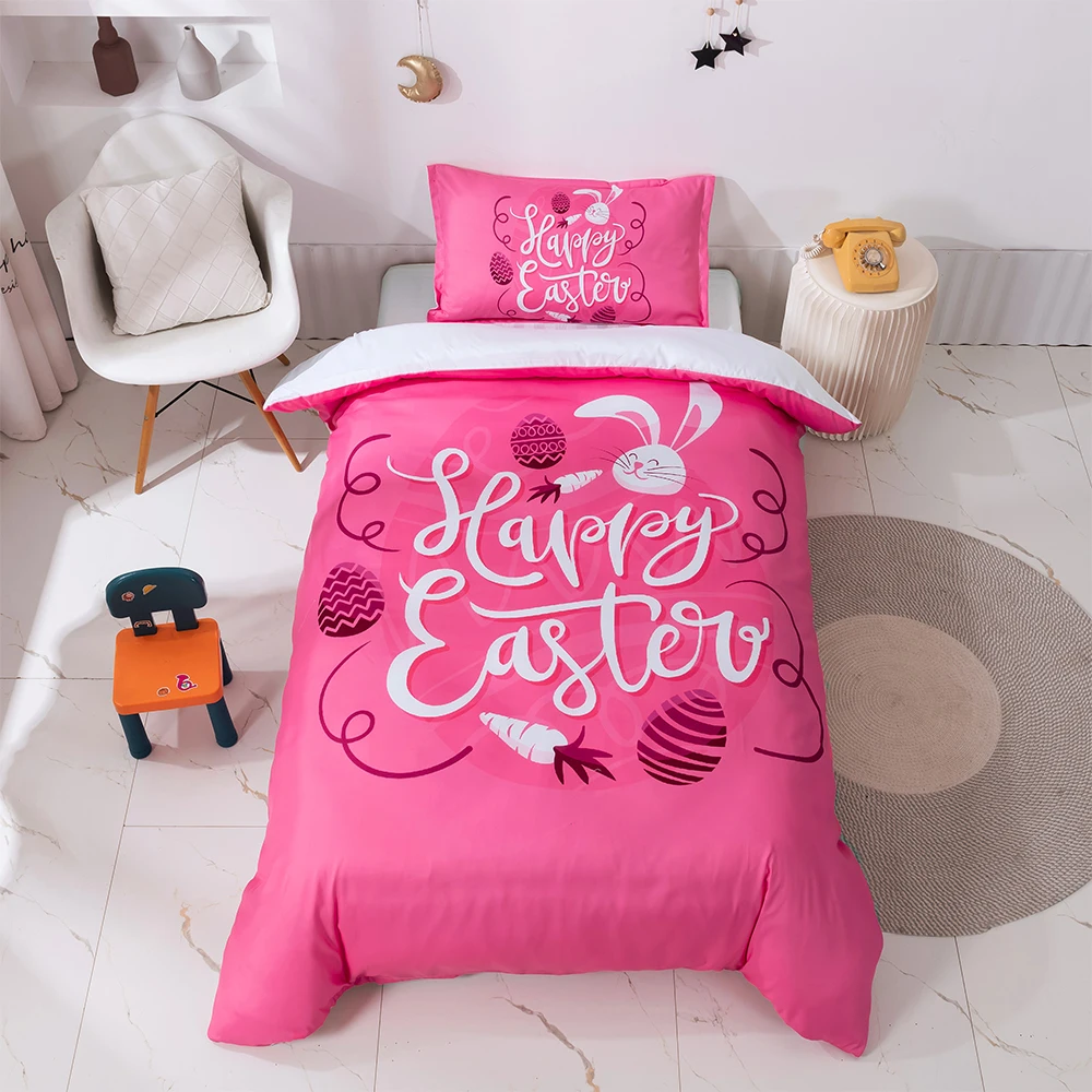 Happy Easter Day Bedding Set Easter Egg Pink  Bunny Duvet Cover for Kids Bed Quilt Cover Bed Set Twin Size Girls Bedroom Decor