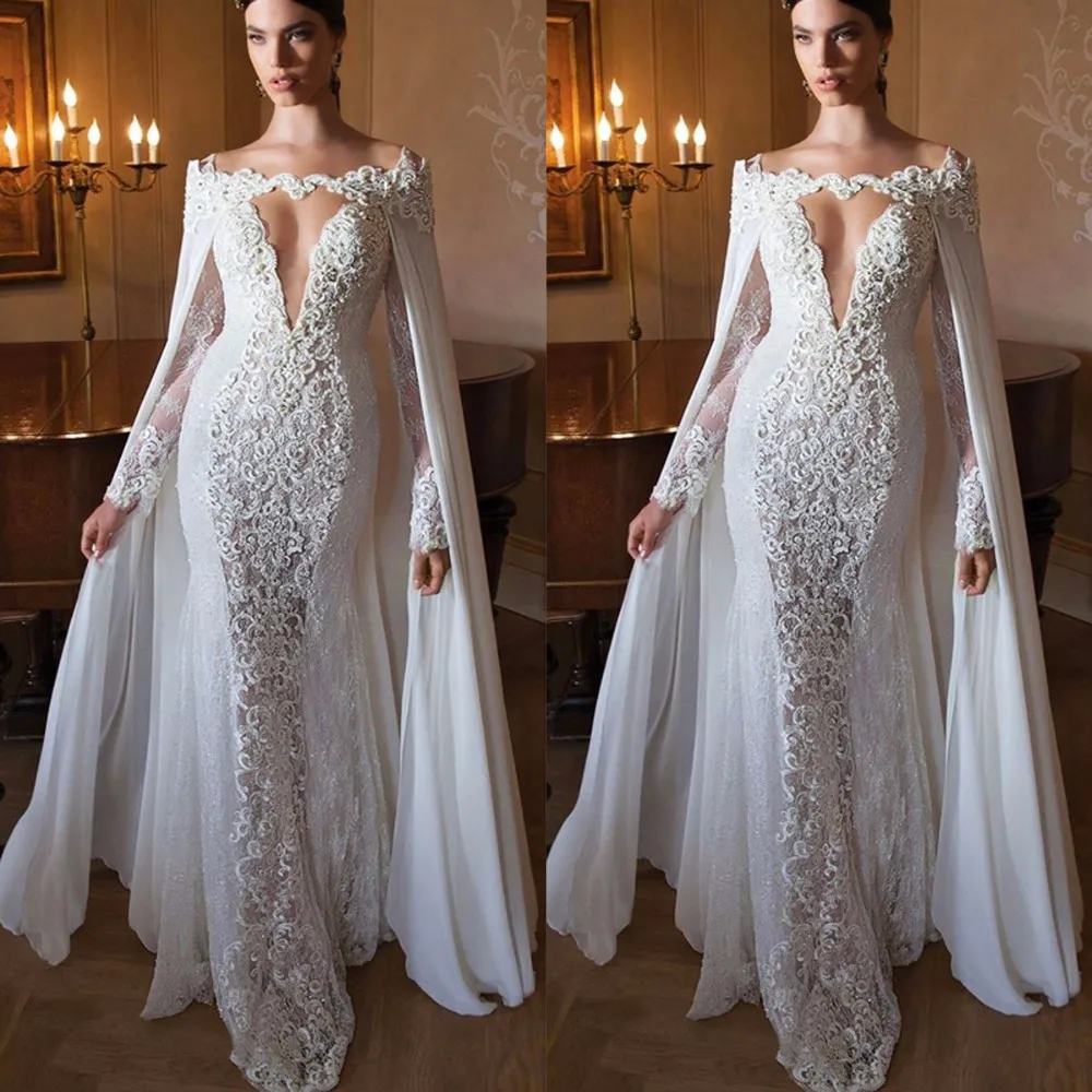 V Hals Lange Mouwen Dubai Moslim Mermaid Trouwjurken Kralen Kant Wedding Gown Custom Made Vestido De Noiva Met De cape