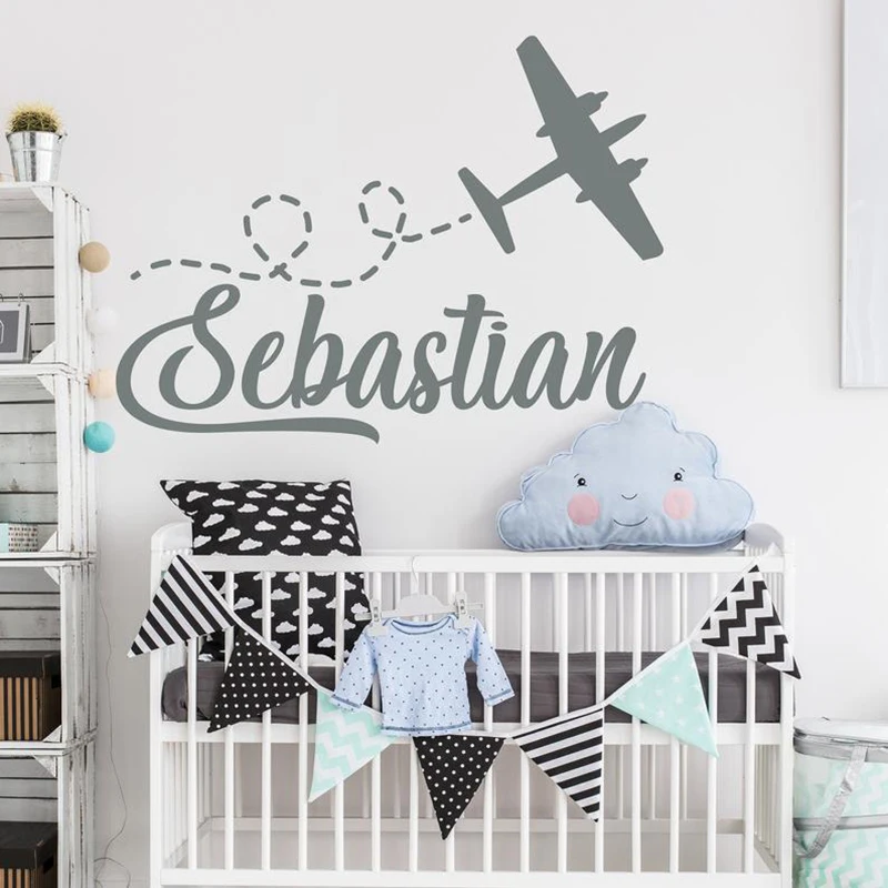 Boy name Custom wall decal Vinyl personalized name airplane Wall Sticker kids room nursery Wall decoration Design Mural X083