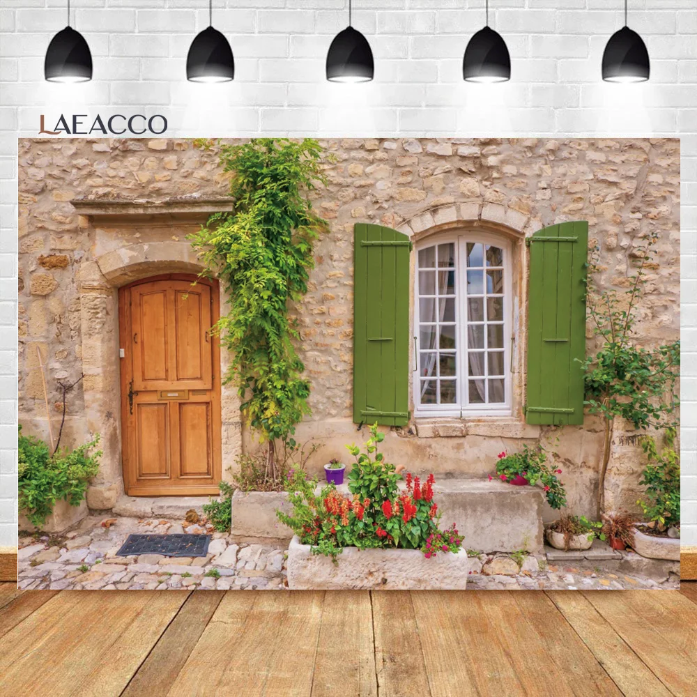 

Laeacco Stone House Photo Backdrop Green Grass Flowers Photography Background Door Window Family Portrait Photophone Photocall