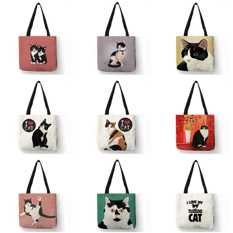 Customized I Love Cat Print Tote Bag Handbag Reusable Supermarket Shopping Bag for Groceries Ladies Shoulder Bags Outdoor Beach